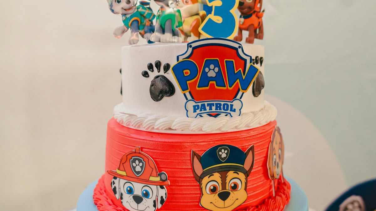 Paw patrol themed three-tiered birthday cake