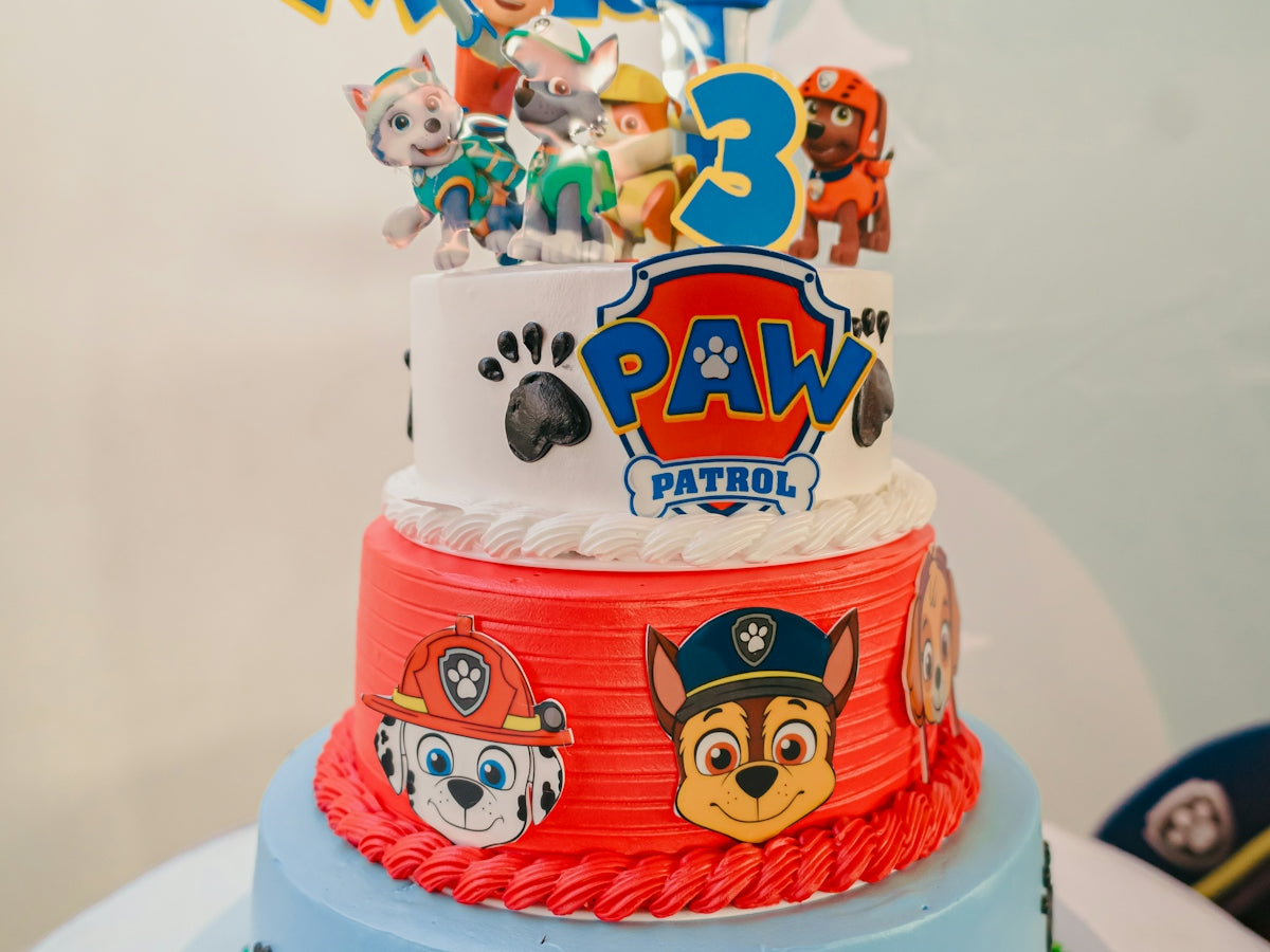 Paw patrol themed three-tiered birthday cake