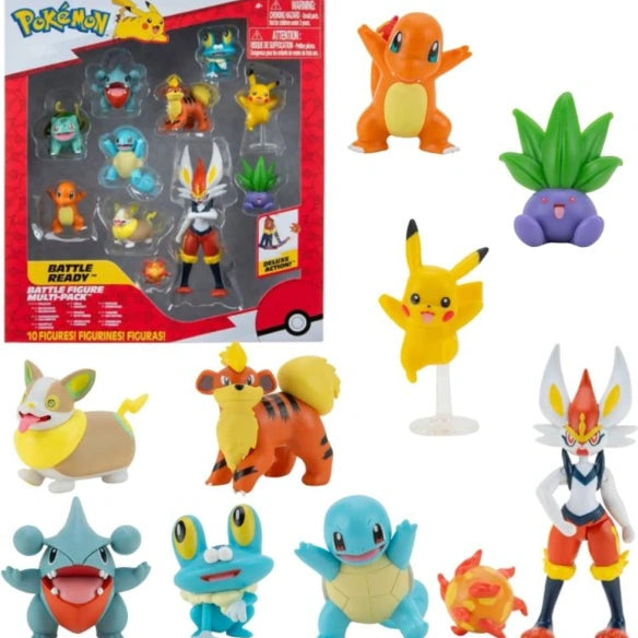 Pokémon Battle Ready Multi-Pack – 10 Collectible Battle Figures Set including Cinderace, Pikachu & Kanto Starters (PKW2855)
